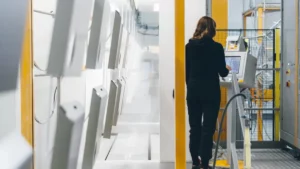 Une personne debout dans une salle de serveurs