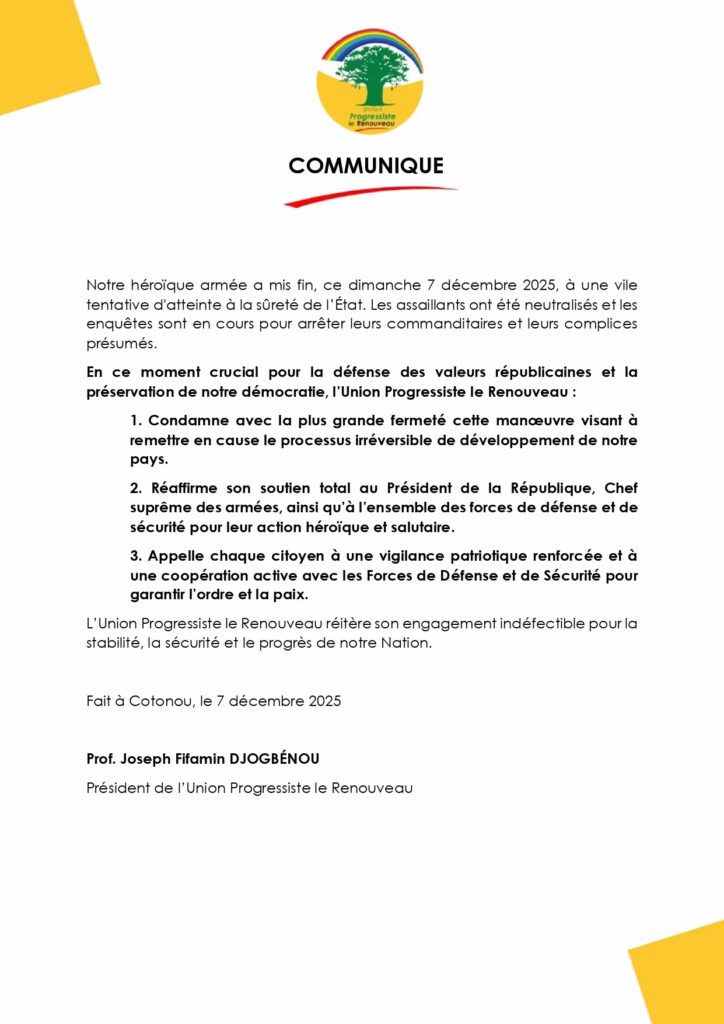 COMMUNIQUÉ UP LE RENOUVEAU CONCERNANT LA TENTATIVE DE COUP D'ETAT