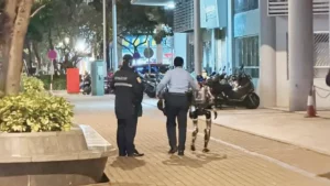Cette photo téléchargée de Facebook montre le robot du Study Hard Education Centre escorté par des policiers loin du lieu de l'incident